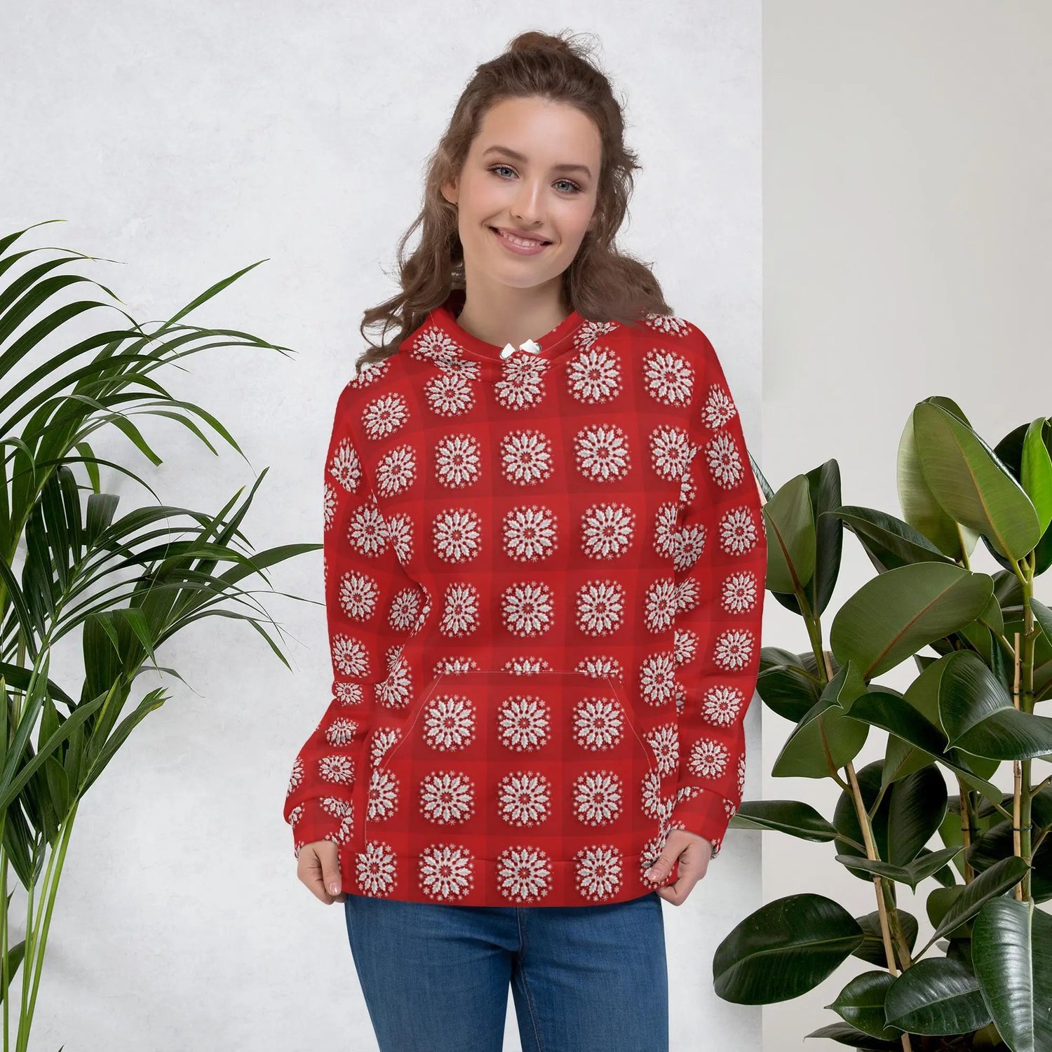 Festive Red Snowflake Design Hoodie – Cozy Xmas Holiday Sweatshirt for Women The Aurora Touch