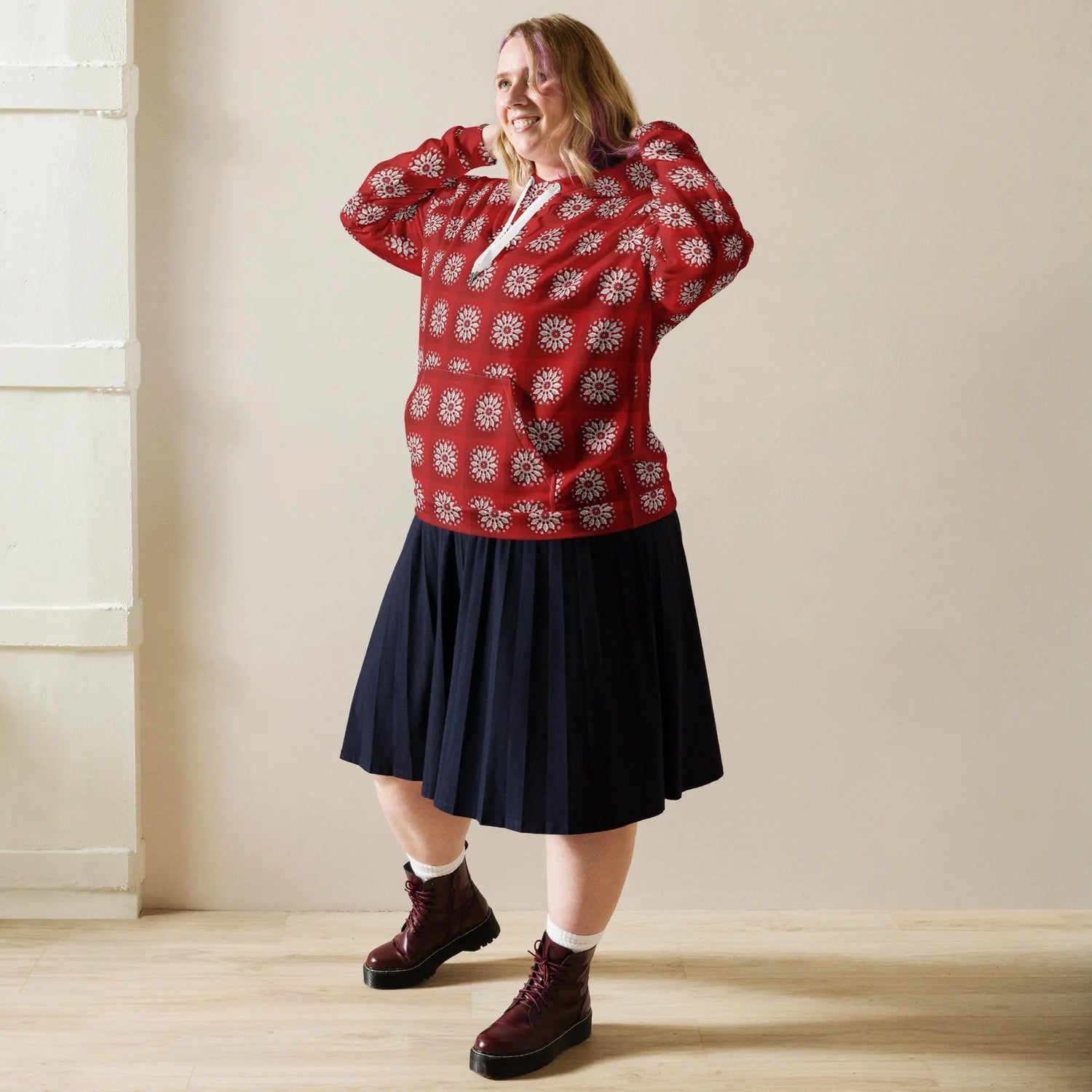 Festive Red Snowflake Design Hoodie – Cozy Xmas Holiday Sweatshirt for Women