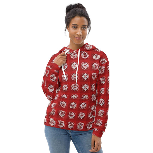 Festive Red Snowflake Design Hoodie – Cozy Xmas Holiday Sweatshirt for Women