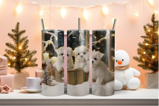 Holiday Tumbler with Straw, 20 oz, maltese puppy,Designer tumbler, xmas gift, novelty gift, teachers gift, office gift, personalized gift The Aurora Touch