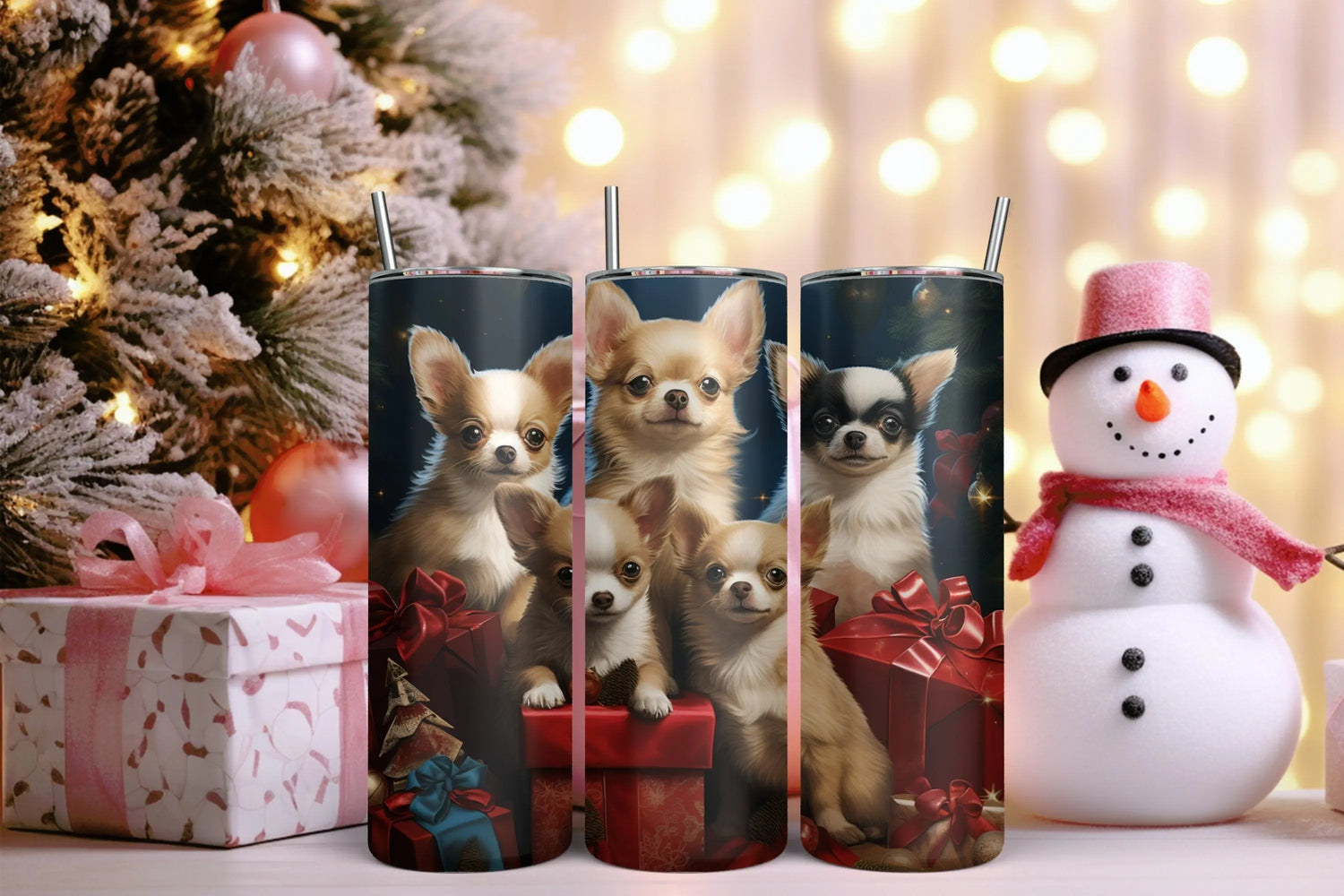 Holiday Puppy Tumbler with Straw, 20oz, Chihuahua dogs, Pet lovers cup, Fancy Tumbler, Holiday Gifts, Best gift, Travelers cup, Xmas gift The Aurora Touch