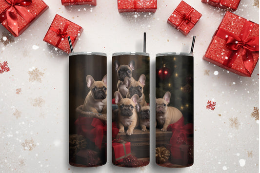 Xmas Holiday Tumbler with Straw, 20oz, Frenchies, Puppy lover cup, Xmas gift, Travel cup, Holiday gifts, Puppy portrait, gift for assistant