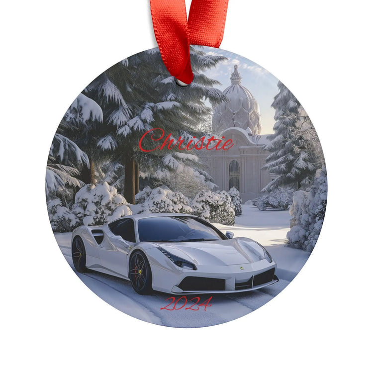 Personalized Acrylic Ornament with Ribbon, Custom Car Decoration, Holiday Keepsake, Unique Gift for Car Lovers, 2024 Memories, White Ferrari The Aurora Touch