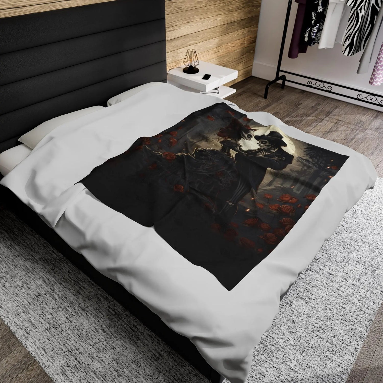 Velveteen Blanket - Day of the Dead Skeleton Couple Halloween Novelty Soft Black Blanket, Dia de los Muertos Decor, Halloween Bed Throw,