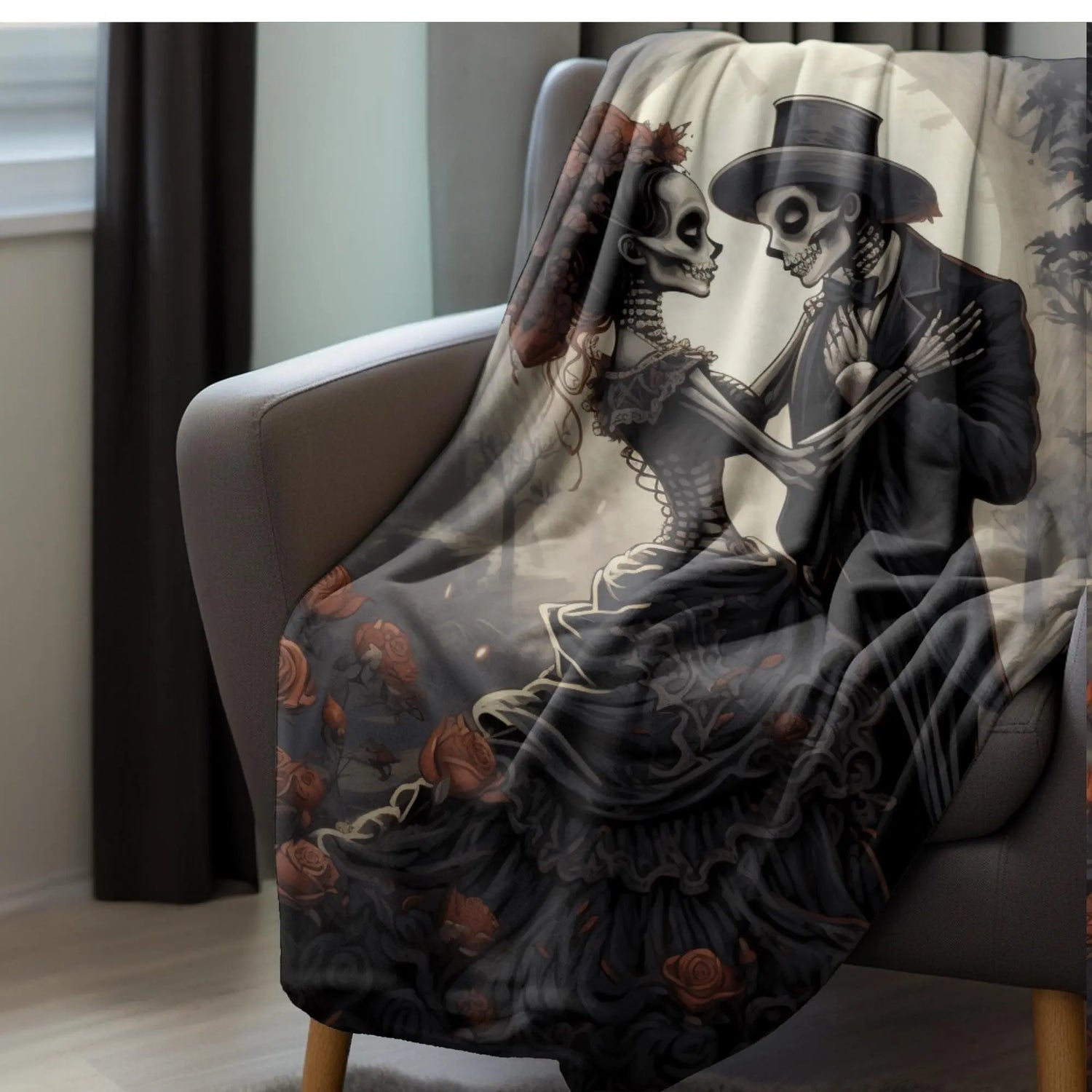 Velveteen Blanket - Day of the Dead Skeleton Couple Halloween Novelty Soft Black Blanket, Dia de los Muertos Decor, Halloween Bed Throw, The Aurora Touch