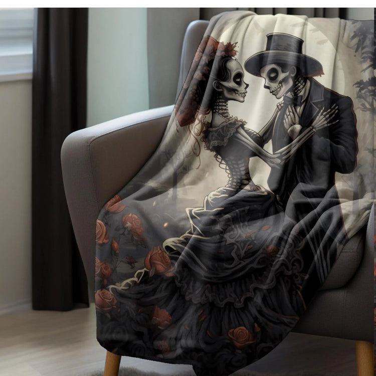 Velveteen Blanket - Day of the Dead Skeleton Couple Halloween Novelty Soft Black Blanket, Dia de los Muertos Decor, Halloween Bed Throw, The Aurora Touch