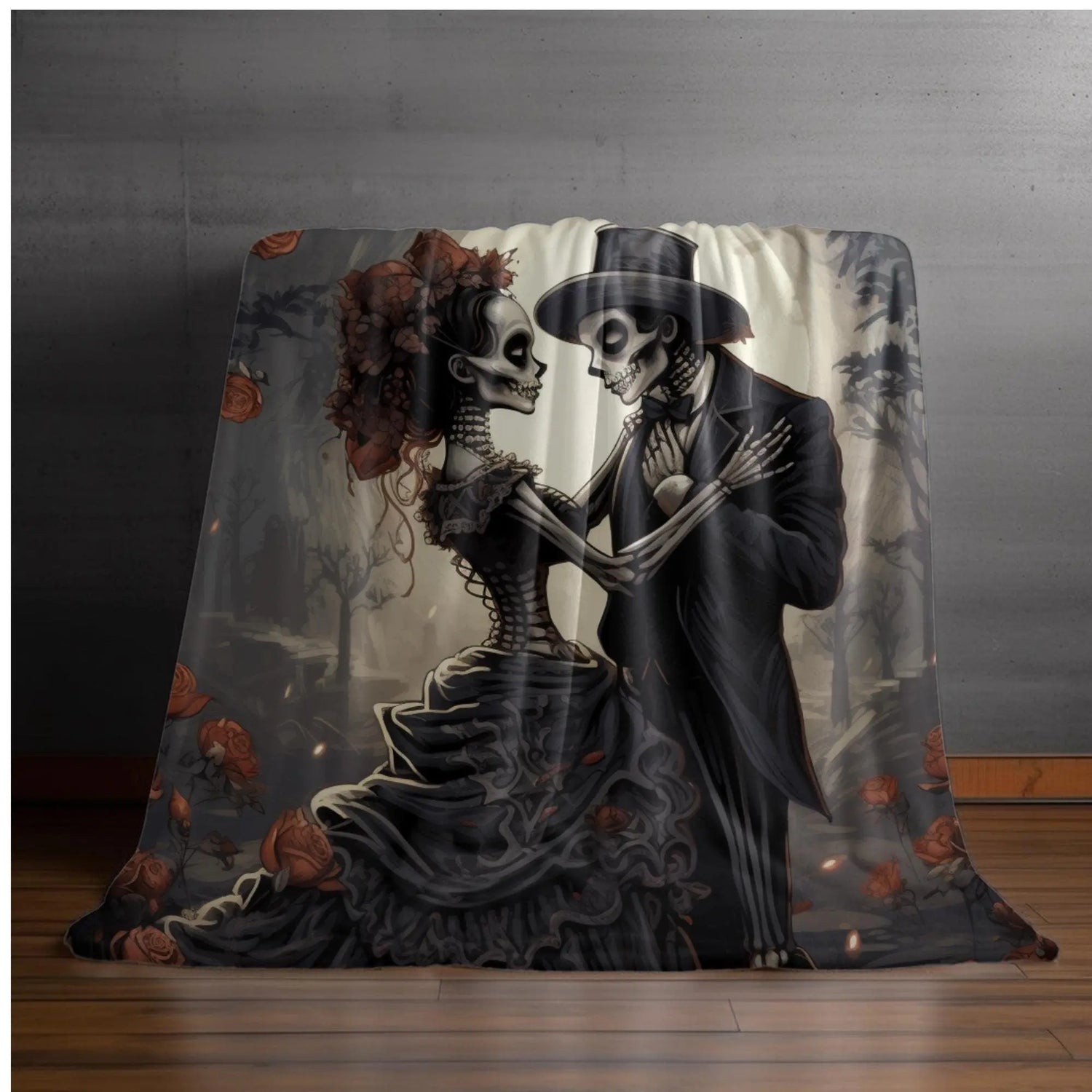 Velveteen Blanket - Day of the Dead Skeleton Couple Halloween Novelty Soft Black Blanket, Dia de los Muertos Decor, Halloween Bed Throw, The Aurora Touch
