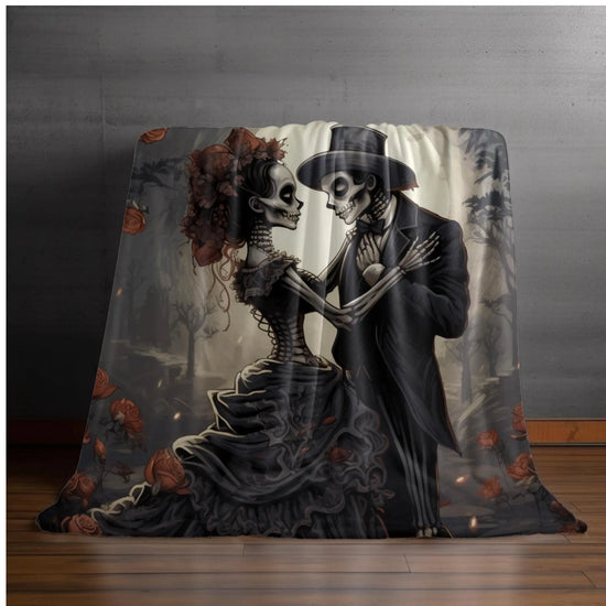 Velveteen Blanket - Day of the Dead Skeleton Couple Halloween Novelty Soft Black Blanket, Dia de los Muertos Decor, Halloween Bed Throw, The Aurora Touch