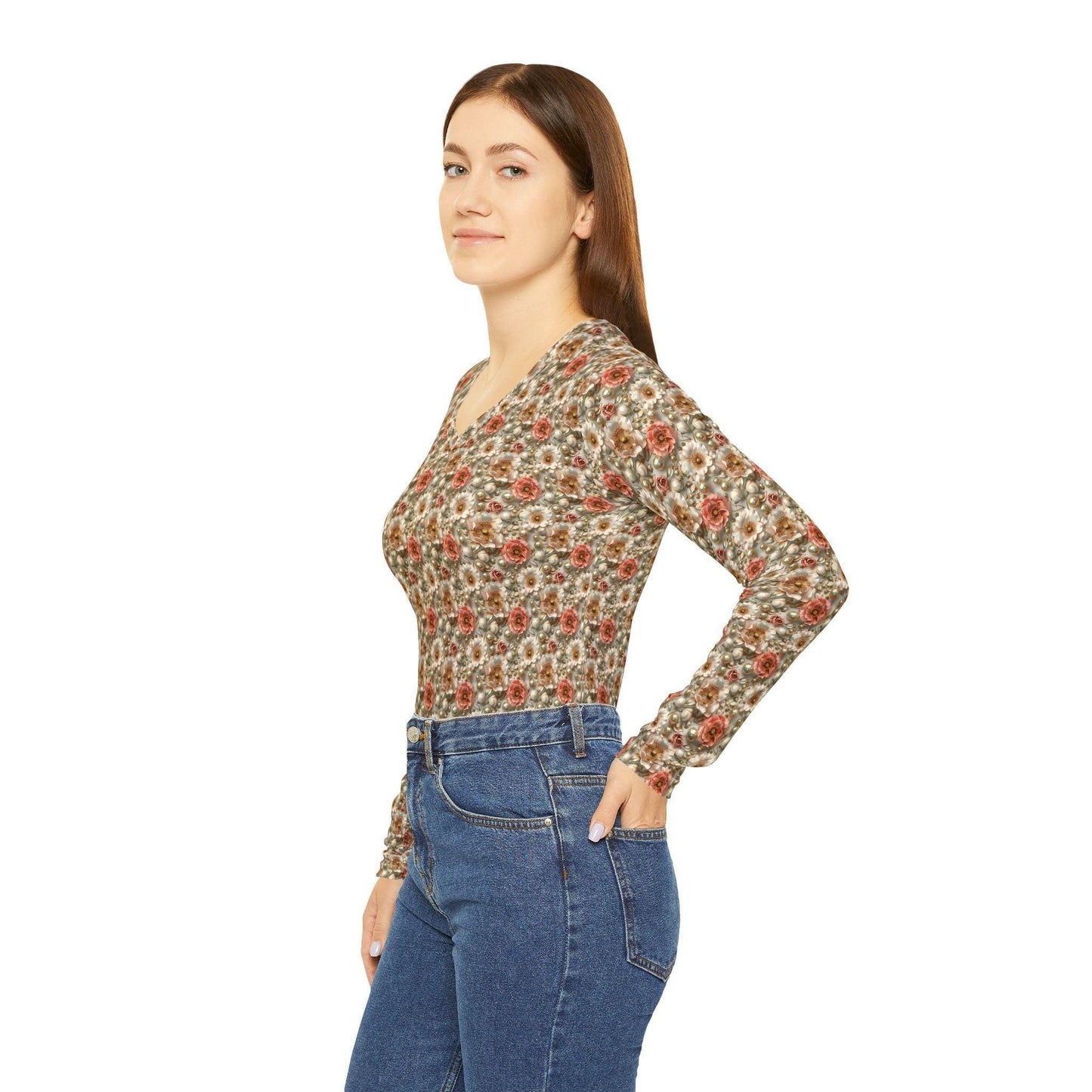 Floral Women's Long Sleeve V-Neck Shirt, Boho Top, Cozy Fashion, Gift for Her, Spring Style, Everyday Wear