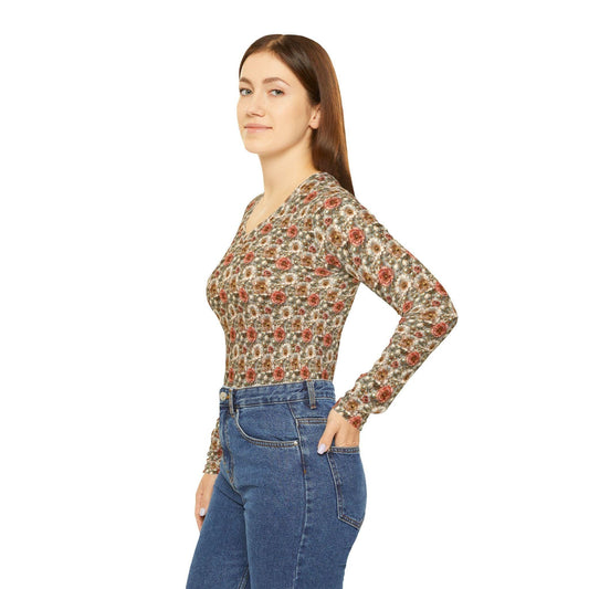 Floral Women's Long Sleeve V-Neck Shirt, Boho Top, Cozy Fashion, Gift for Her, Spring Style, Everyday Wear