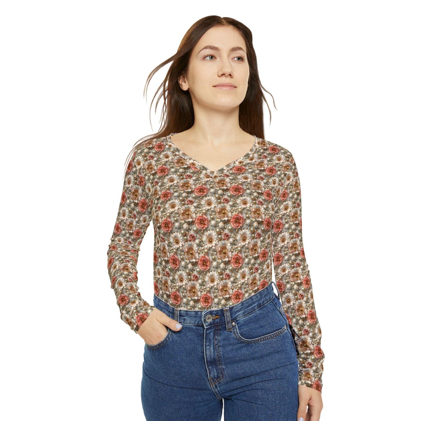 Floral Women's Long Sleeve V-Neck Shirt, Boho Top, Cozy Fashion, Gift for Her, Spring Style, Everyday Wear