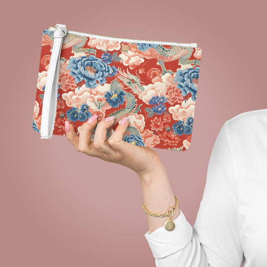Dragon & Floral Print Clutch Bag, Stylish Accessory, Perfect for Travel, Evening Events, Gifts, Fashion Statement
