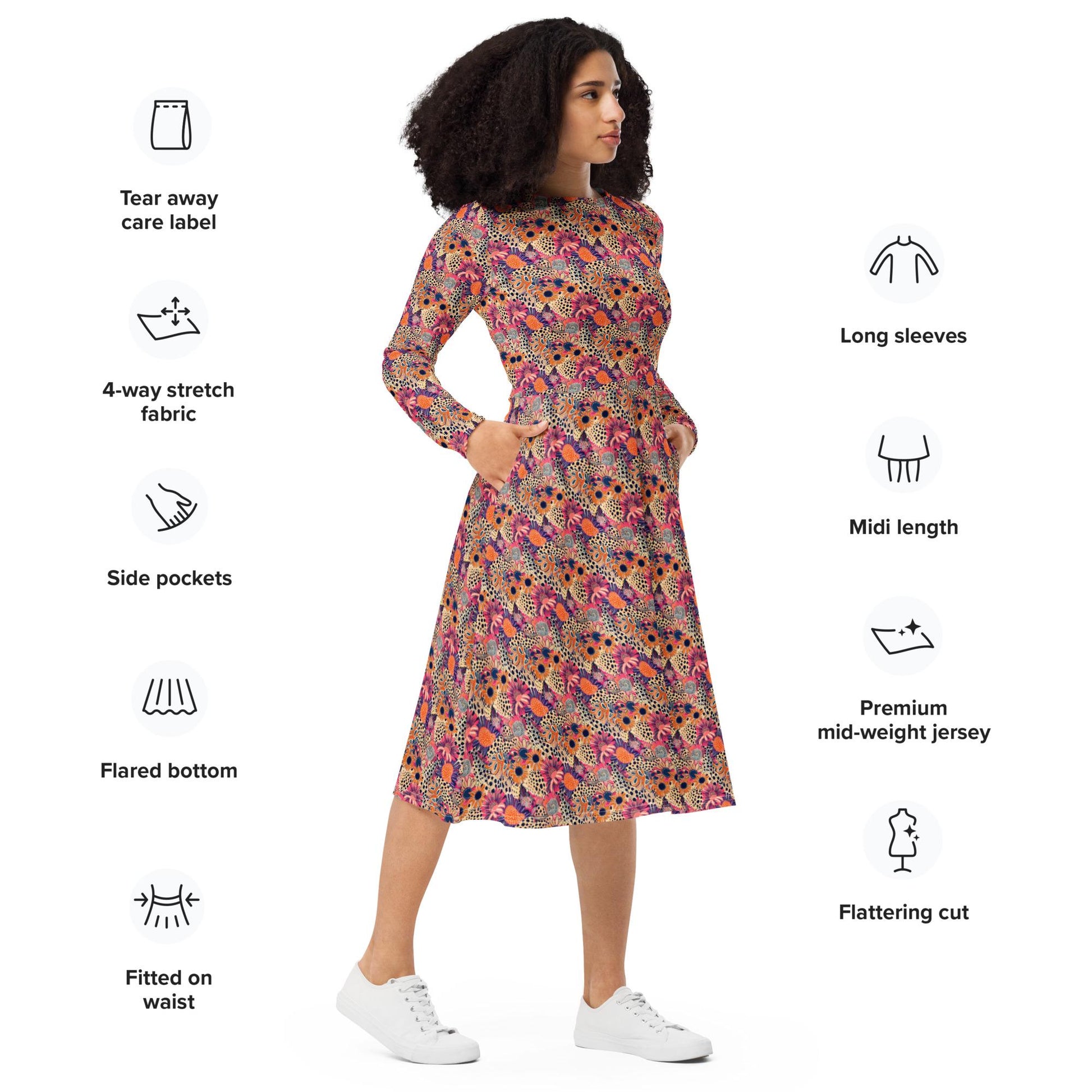 Vibrant Floral Fantasy: Women&#39;s All-Over Print Long Sleeve Midi Dress