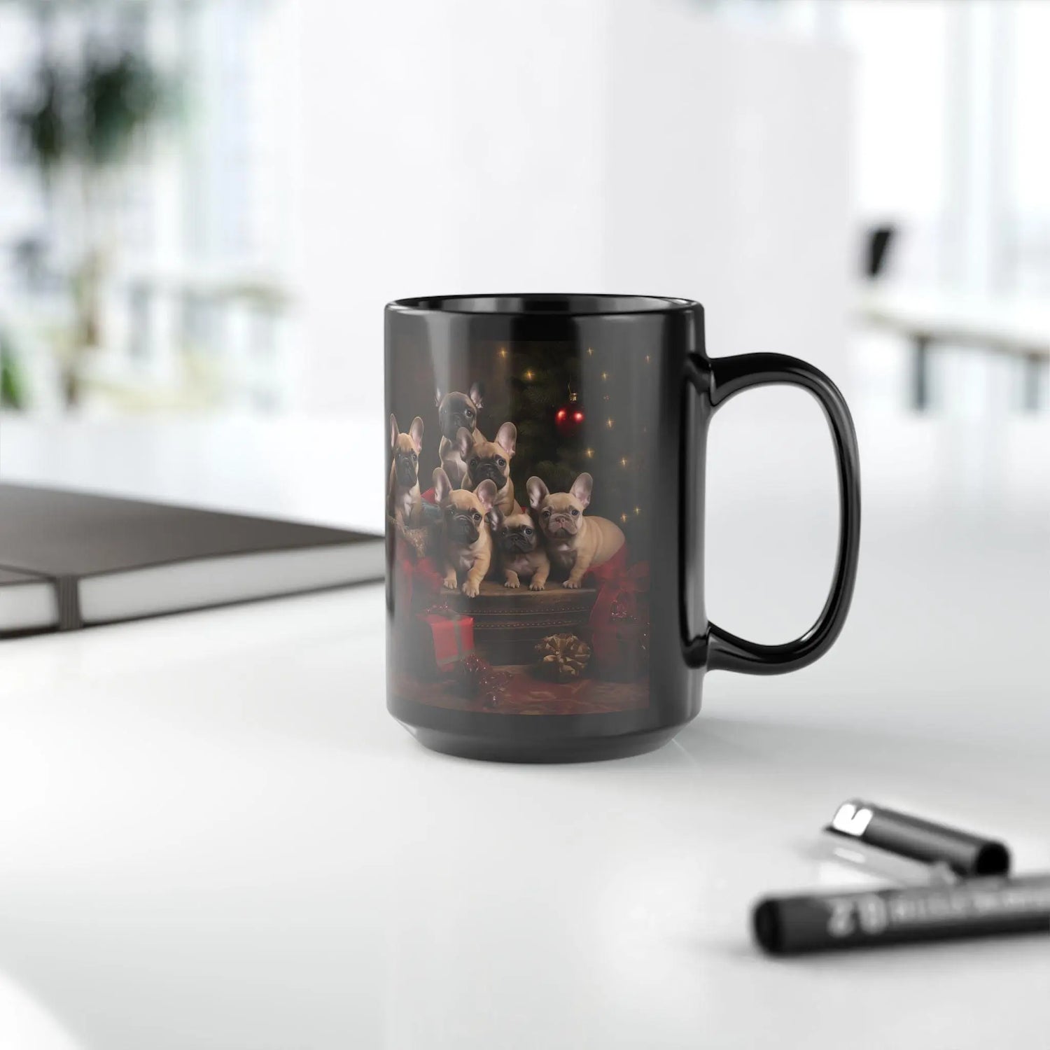 Holiday Frenchie Puppy Black Mug, 15oz - Christmas Gift, Tea Cup, Novelty Mug, Gift for Mom, Gift for her The Aurora Touch