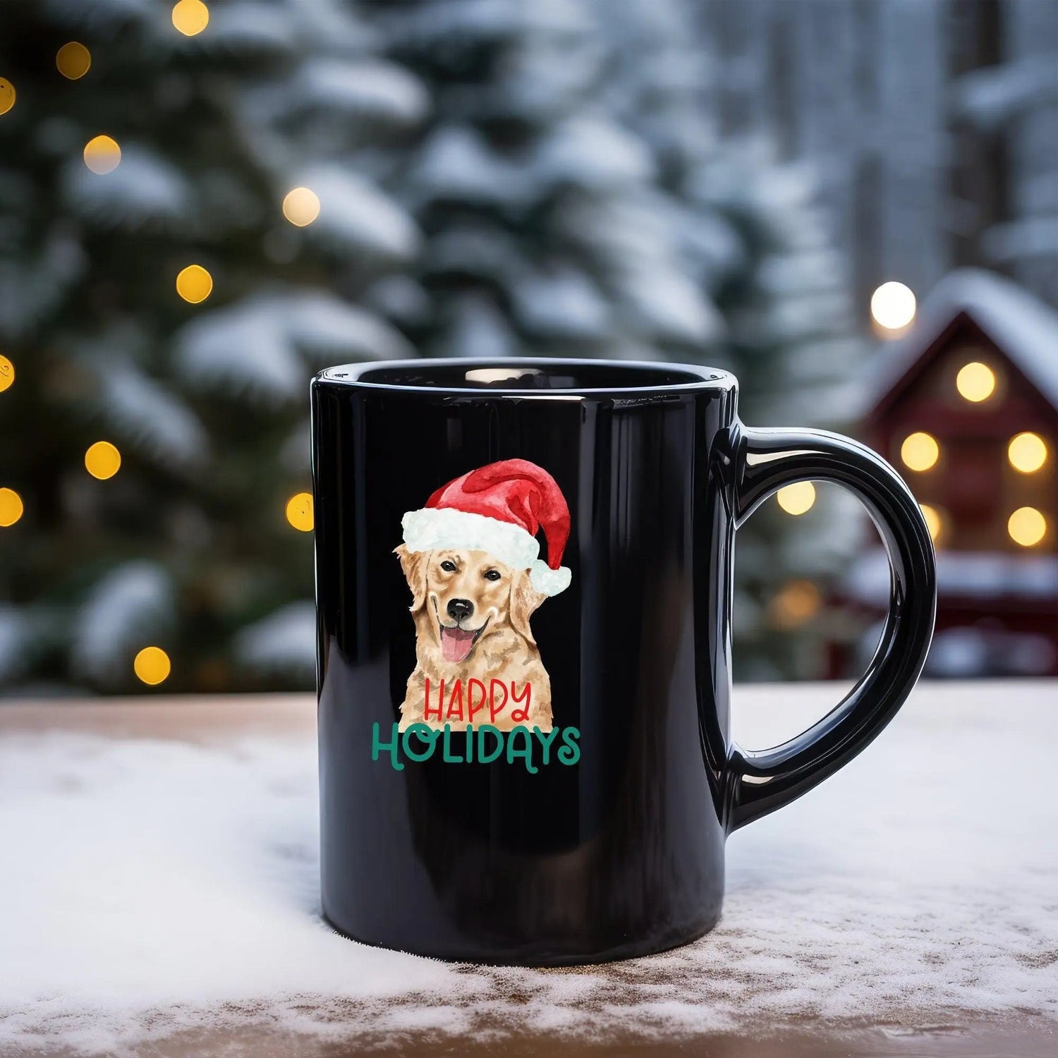 Christmas Golden Retriever Black Mug 15oz | Holiday Coffee Mug | Xmas Gift for Pet Lovers | Happy Mug | Dog Art Coffee Mug | Holiday Decor The Aurora Touch