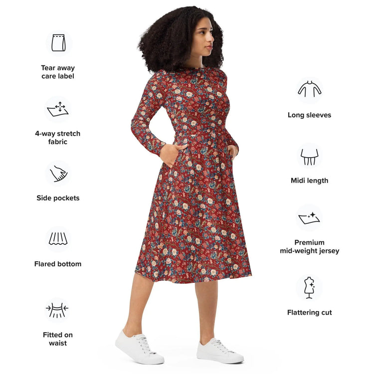Chinoiserie All-Over Print Long Sleeve Midi Dress – Elegant Bohemian Chic Fashion The Aurora Touch