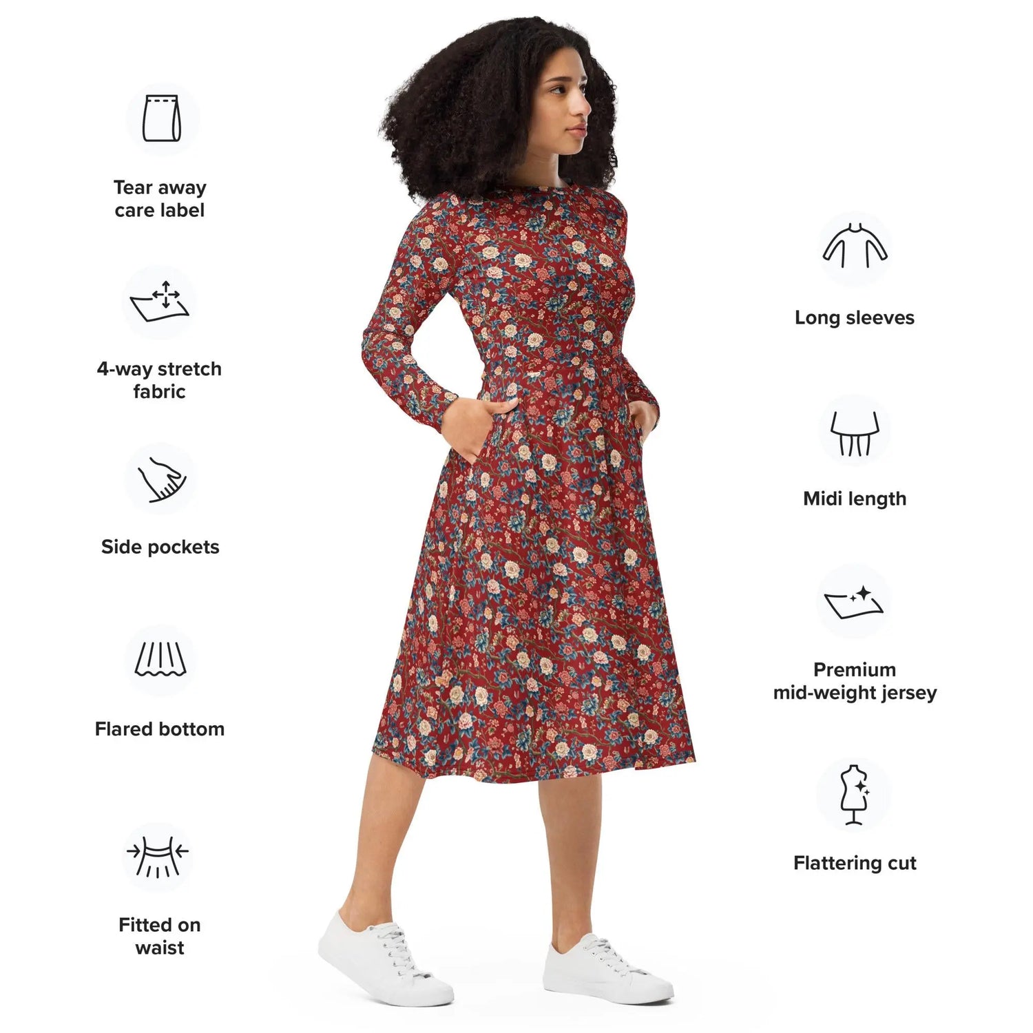 Chinoiserie All-Over Print Long Sleeve Midi Dress – Elegant Bohemian Chic Fashion