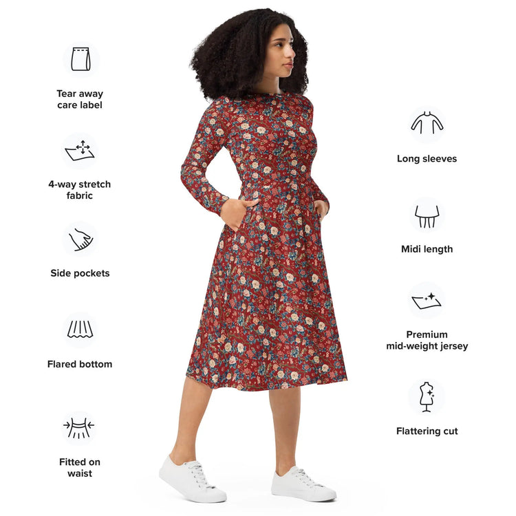 Chinoiserie All-Over Print Long Sleeve Midi Dress – Elegant Bohemian Chic Fashion