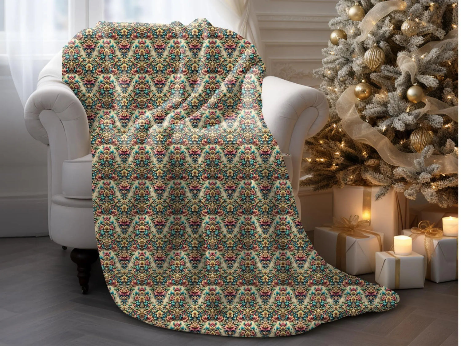 Victorian Floral Velveteen Blanket, Cozy Plush Throw for Home Decor, Floral Pattern Print, Warm Sofa Blanket, Bedding Gift Idea The Aurora Touch