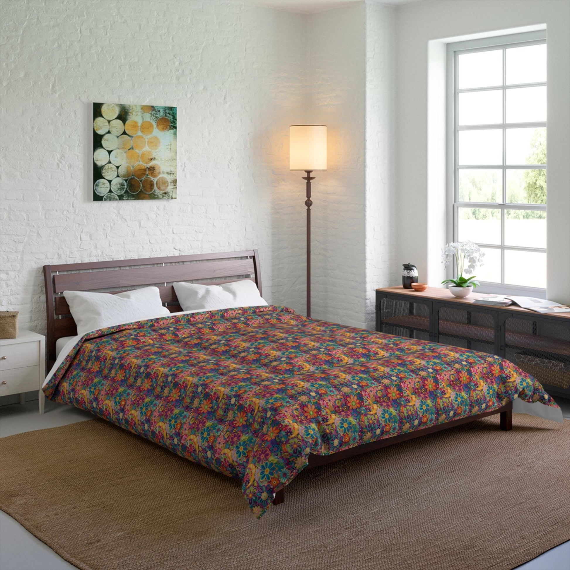 Vibrant Floral Comforter, Cozy Bedroom Blanket, Boho Bedding, Colorful Quilt, Perfect for Spring Decor, Great for Gifts