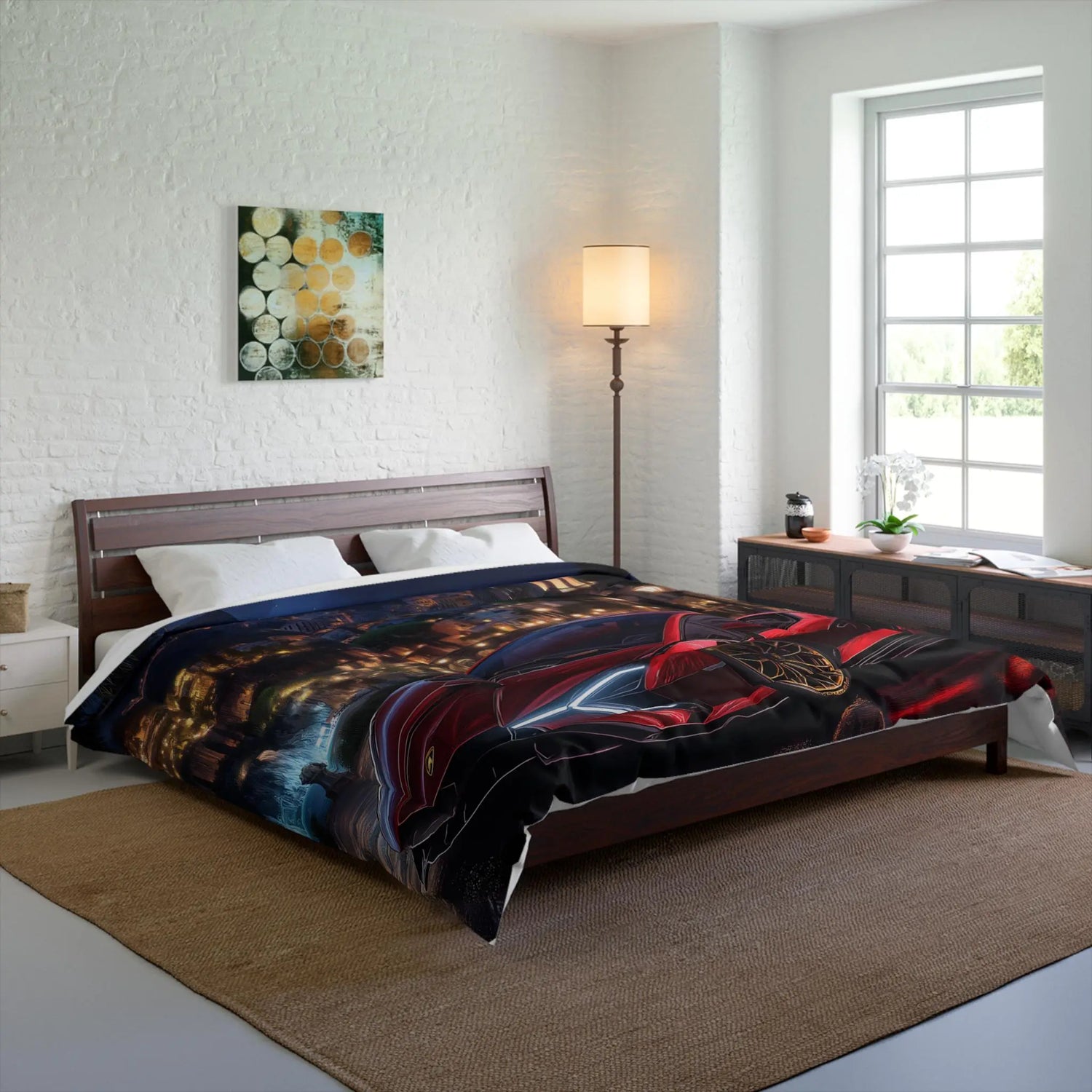 Luxury Sports Car Comforter, Modern Bedroom Decor, Automotive Enthusiast Gift, Cozy Bedding Set, Unique Car-Themed Quilt, Red Lambo