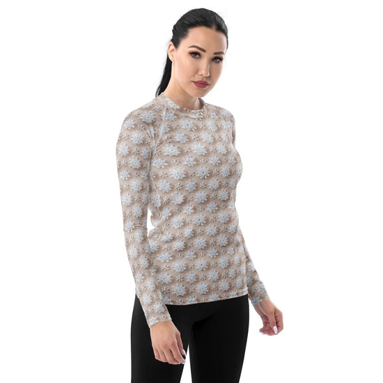 Winter Wonderland Snowflake Design Women’s Rash Guard – Long Sleeve UV Protection, Stylish Winter Swimwear,  Xmas Holiday Beachwear The Aurora Touch