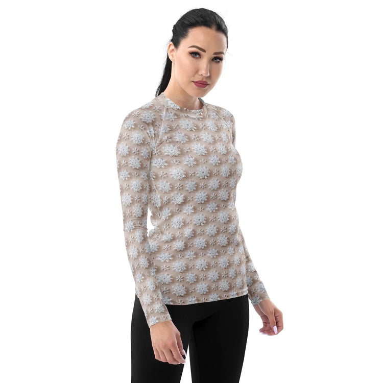 Winter Wonderland Snowflake Design Women’s Rash Guard – Long Sleeve UV Protection, Stylish Winter Swimwear,  Xmas Holiday Beachwear The Aurora Touch