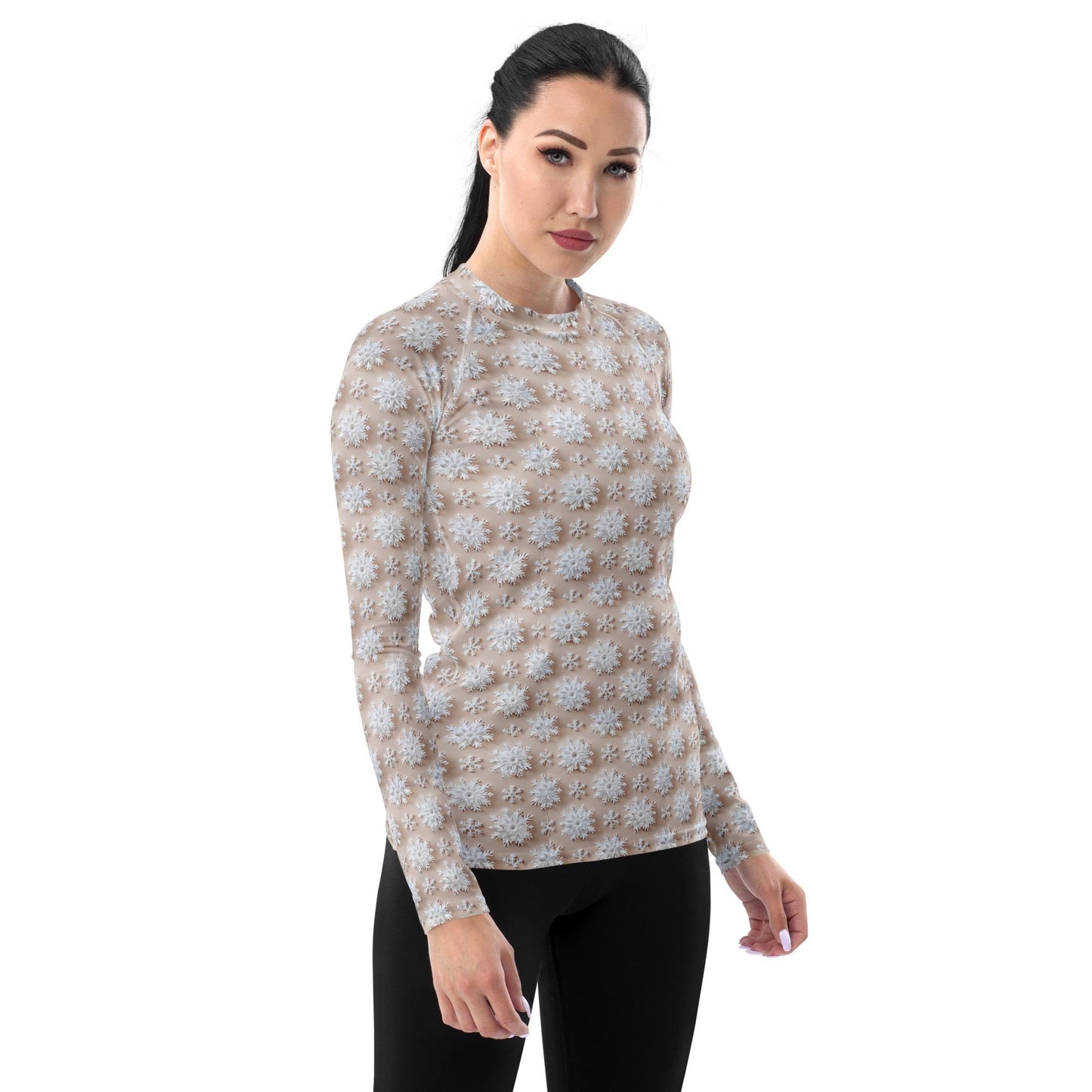 Winter Wonderland Snowflake Design Women’s Rash Guard – Long Sleeve UV Protection, Stylish Winter Swimwear,  Xmas Holiday Beachwear
