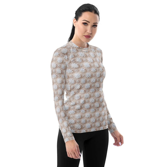 Winter Wonderland Snowflake Design Women’s Rash Guard – Long Sleeve UV Protection, Stylish Winter Swimwear,  Xmas Holiday Beachwear