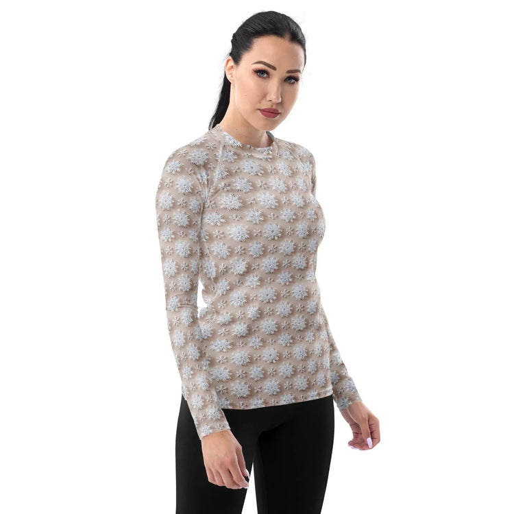Winter Wonderland Snowflake Design Women’s Rash Guard – Long Sleeve UV Protection, Stylish Winter Swimwear,  Xmas Holiday Beachwear