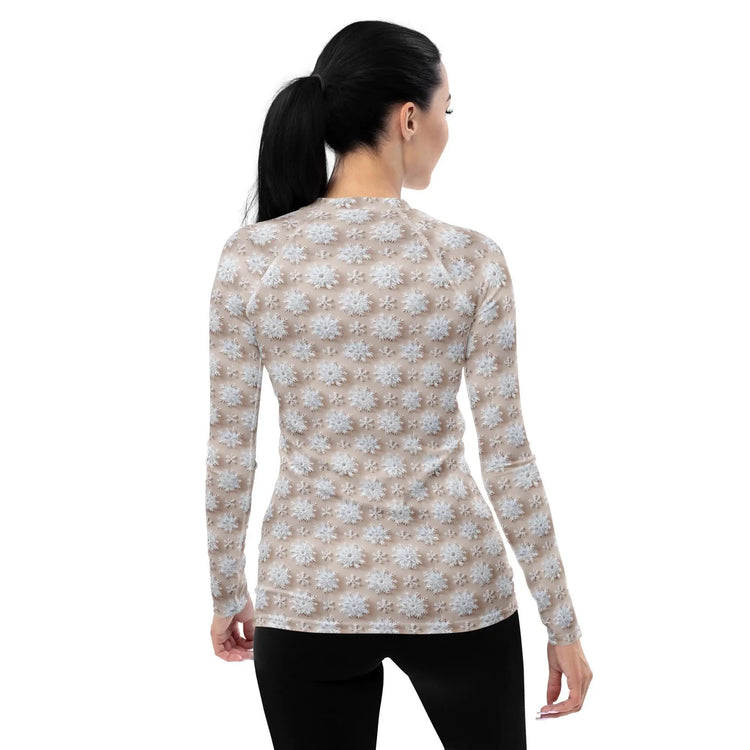 Winter Wonderland Snowflake Design Women’s Rash Guard – Long Sleeve UV Protection, Stylish Winter Swimwear,  Xmas Holiday Beachwear