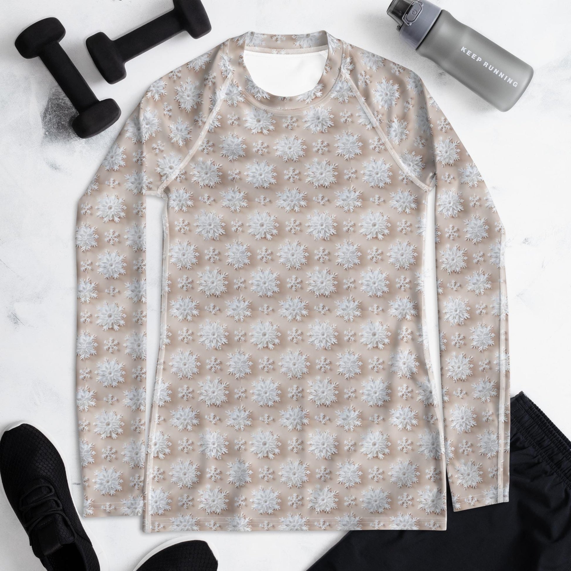 Winter Wonderland Snowflake Design Women’s Rash Guard – Long Sleeve UV Protection, Stylish Winter Swimwear,  Xmas Holiday Beachwear