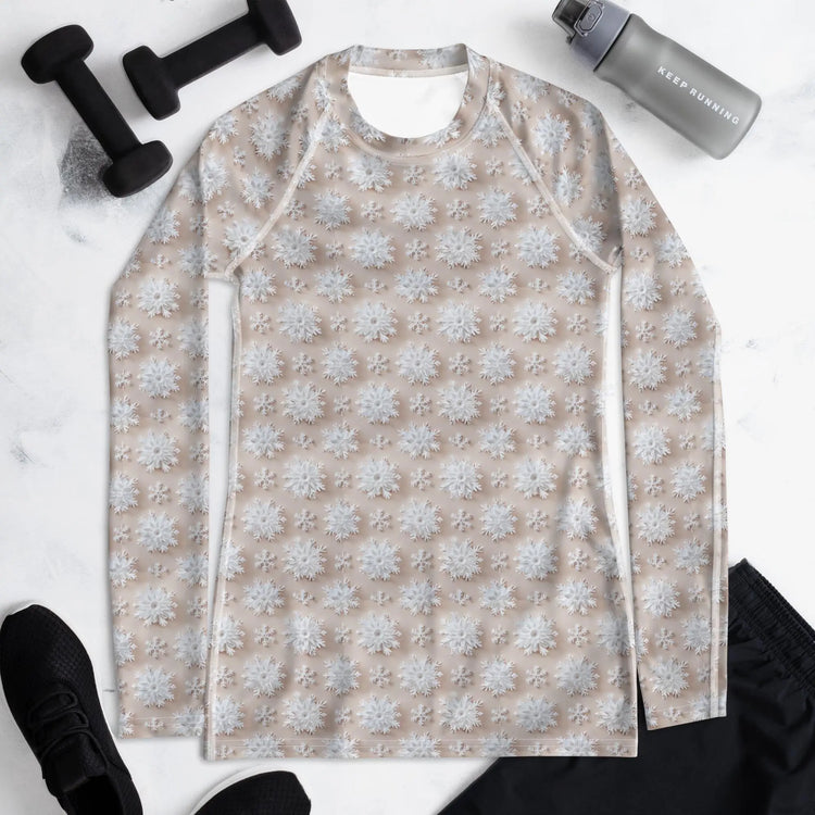 Winter Wonderland Snowflake Design Women’s Rash Guard – Long Sleeve UV Protection, Stylish Winter Swimwear,  Xmas Holiday Beachwear