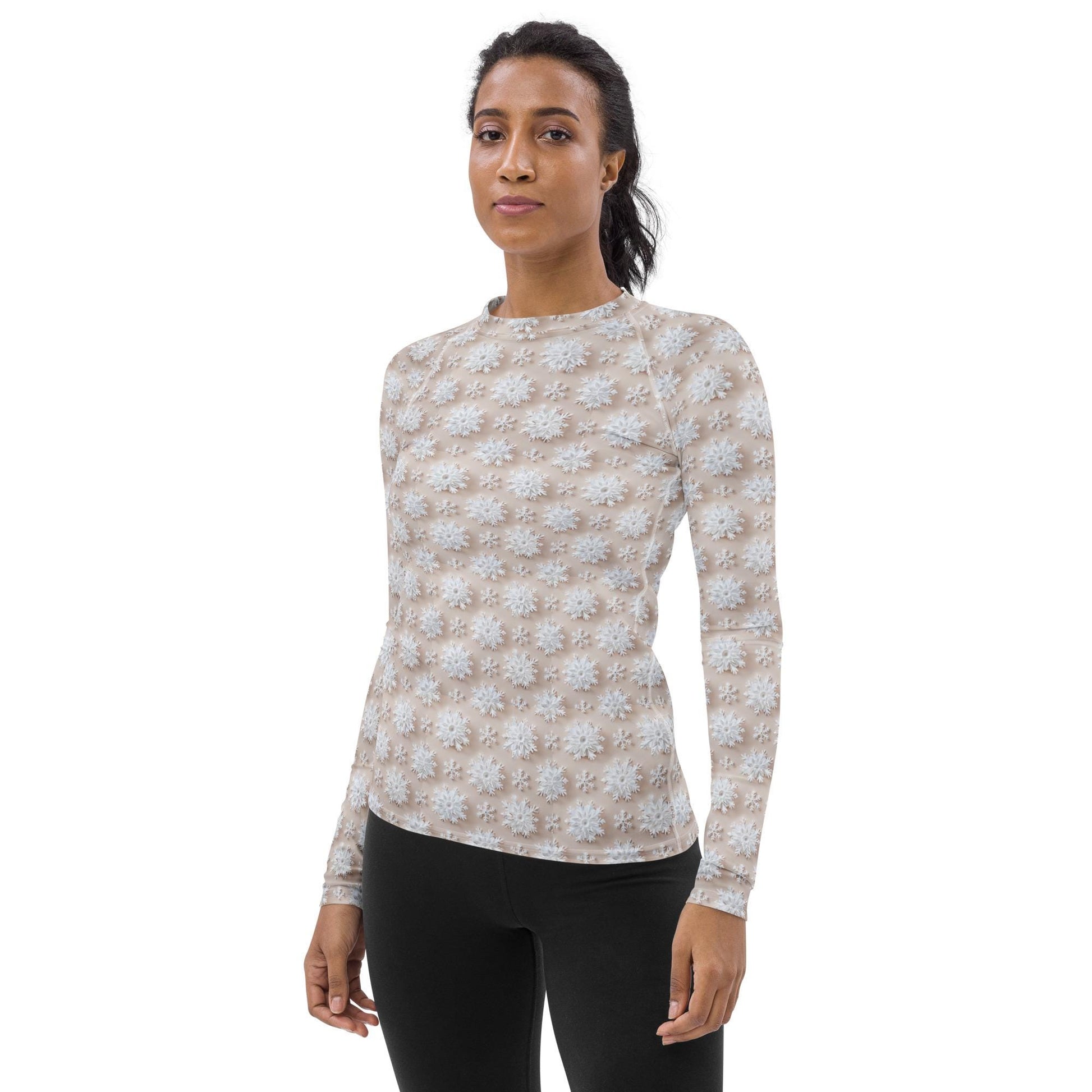 Winter Wonderland Snowflake Design Women’s Rash Guard – Long Sleeve UV Protection, Stylish Winter Swimwear,  Xmas Holiday Beachwear
