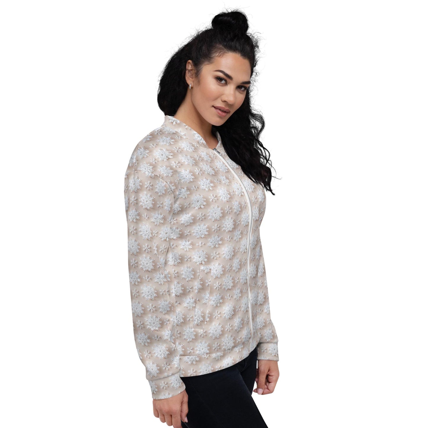 Luxury White Christmas Snowflake Designer Bomber Jacket - Festive Winter Fashion Statement for Women