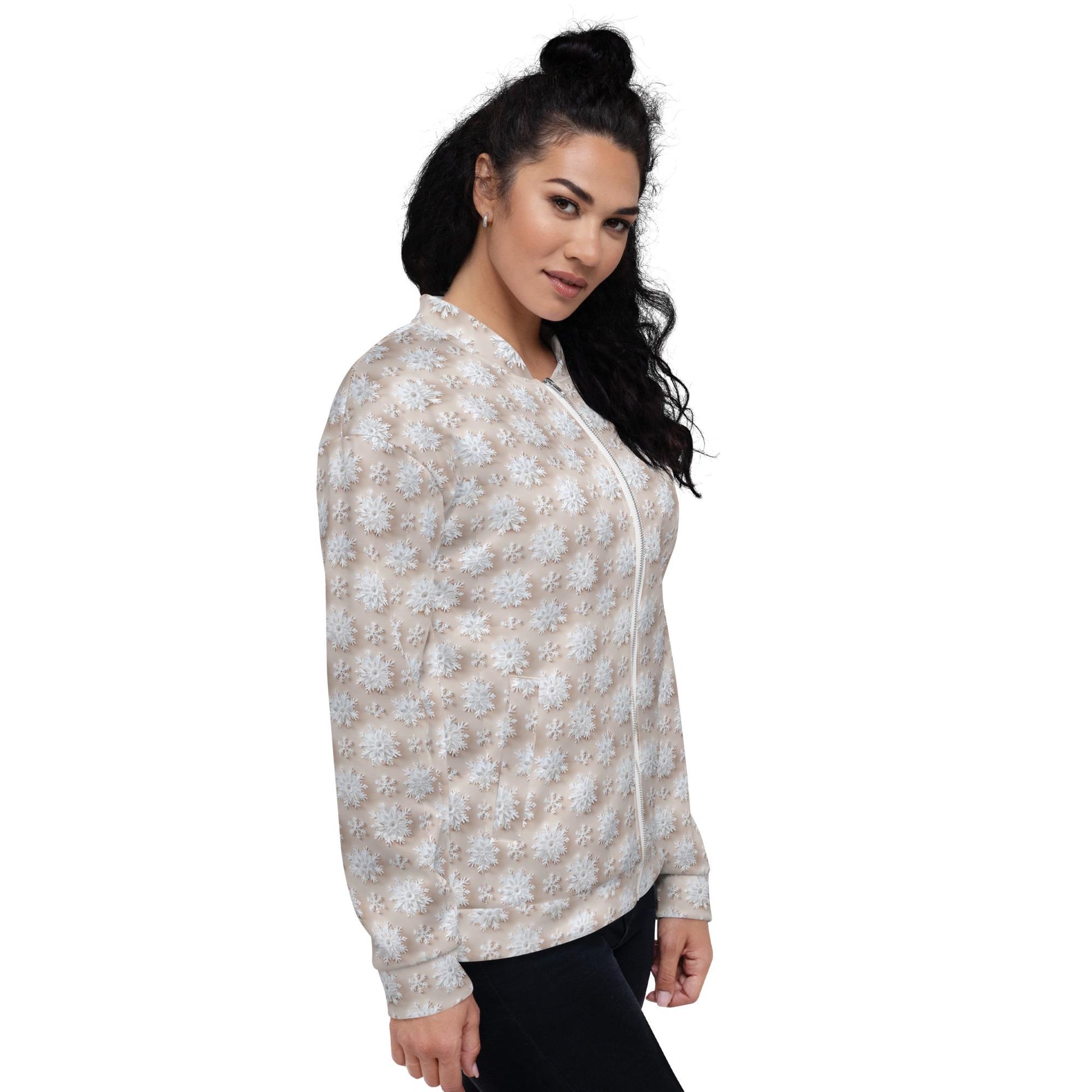 Luxury White Christmas Snowflake Designer Bomber Jacket - Festive Winter Fashion Statement for Women