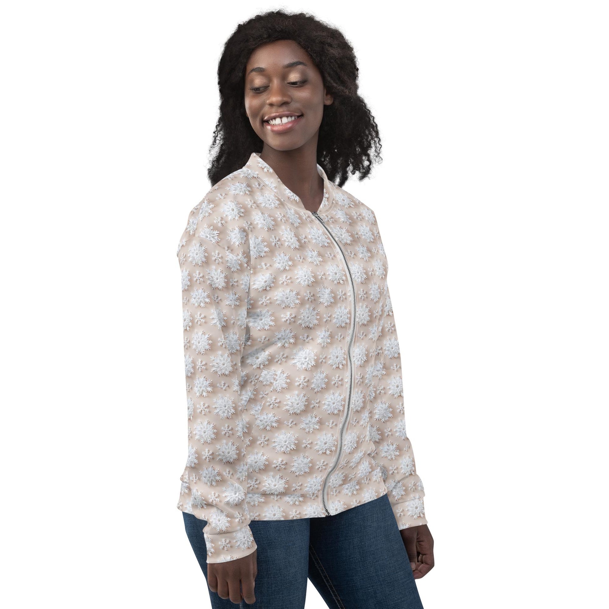 Luxury White Christmas Snowflake Designer Bomber Jacket - Festive Winter Fashion Statement for Women