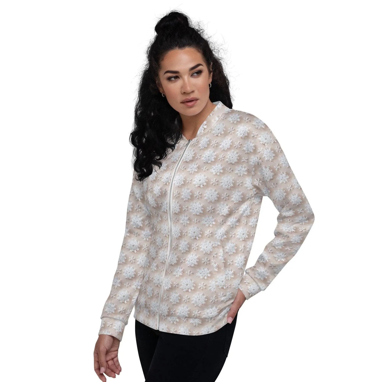 Luxury White Christmas Snowflake Designer Bomber Jacket - Festive Winter Fashion Statement for Women The Aurora Touch
