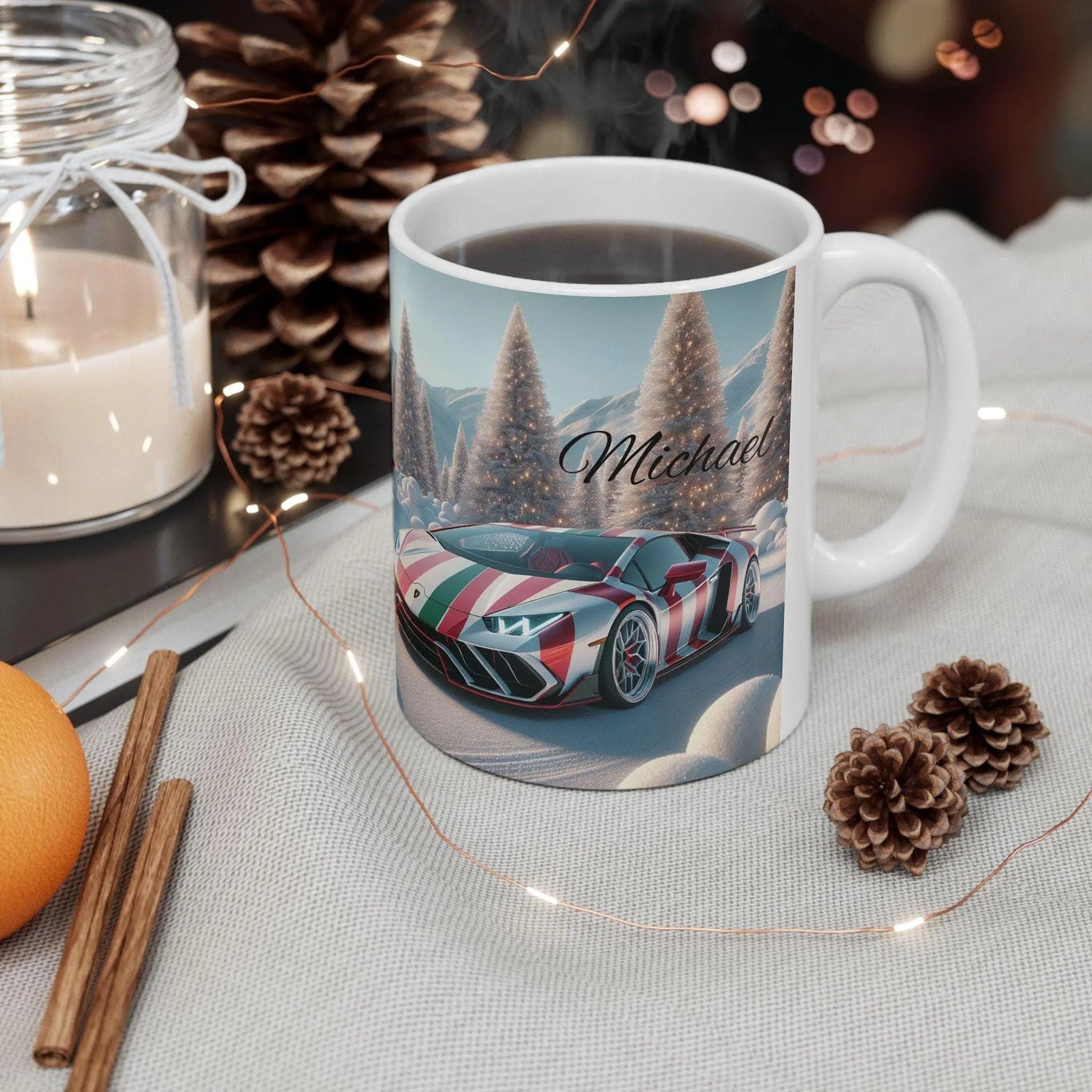 Personalized Lamborghini Ceramic Xmas Mug, Custom Sports Car Gift, Perfect for Car Enthusiasts, Holiday Coffee Cup, Unique Present The Aurora Touch