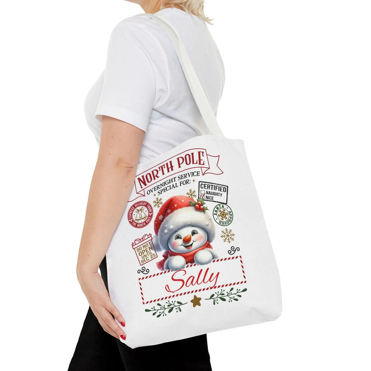 Personalized North Pole Tote Bag, Holiday Gift, Christmas Shopping Bag, Snowman Design, Festive Reusable Shopper The Aurora Touch