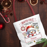 Personalized North Pole Tote Bag, Holiday Gift, Christmas Shopping Bag, Snowman Design, Festive Reusable Shopper The Aurora Touch
