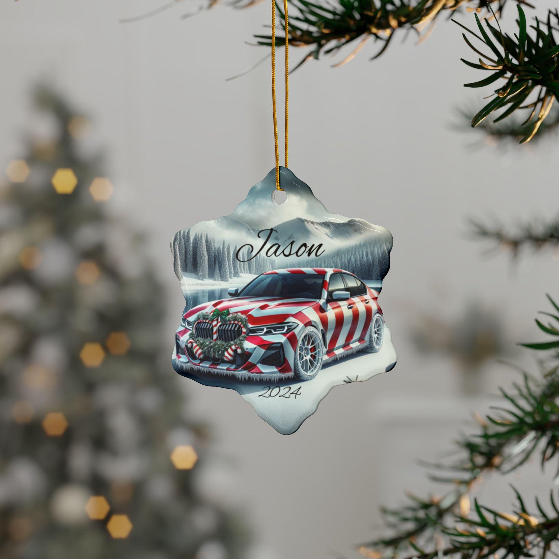 Personalized Holiday Car Ornament, Custom Double-Sided Ceramic Christmas Bauble, Festive Home Decor, BMW Lover Gift, Winter Keepsake