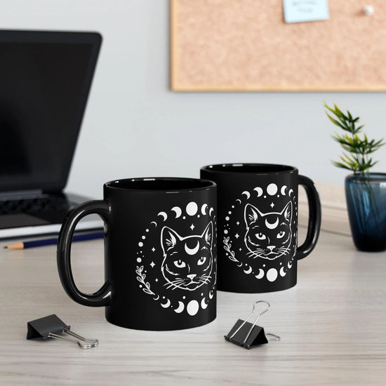 Black Mug (11oz, 15oz), Black Cat Moon Phase Mug, Astrology designed Coffee Mug , Multisize Moon tea cup, spellbound cat mug The Aurora Touch