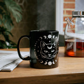 Black Mug (11oz, 15oz), Black Cat Moon Phase Mug, Astrology designed Coffee Mug , Multisize Moon tea cup, spellbound cat mug The Aurora Touch