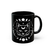 Black Mug (11oz, 15oz), Black Cat Moon Phase Mug, Astrology designed Coffee Mug , Multisize Moon tea cup, spellbound cat mug The Aurora Touch