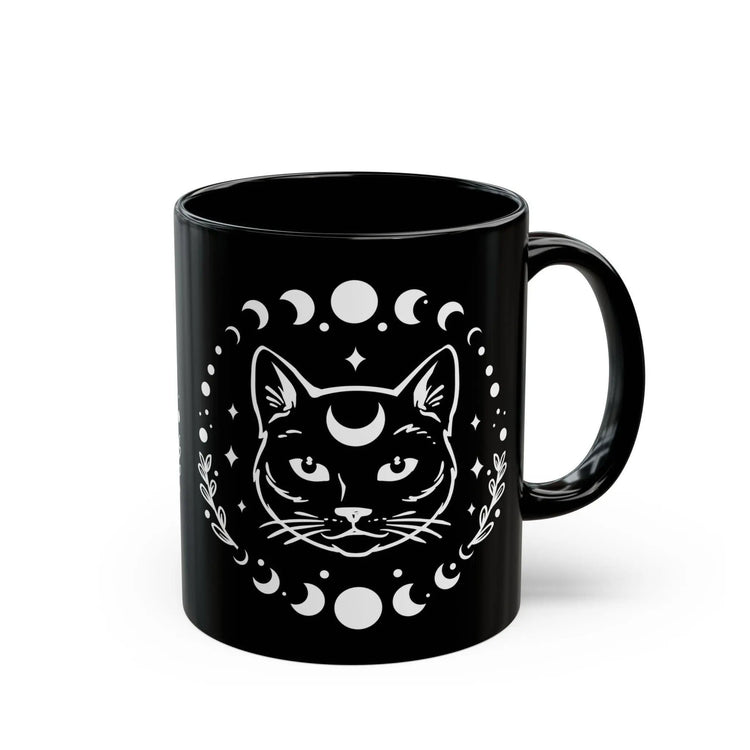 Black Mug (11oz, 15oz), Black Cat Moon Phase Mug, Astrology designed Coffee Mug , Multisize Moon tea cup, spellbound cat mug The Aurora Touch