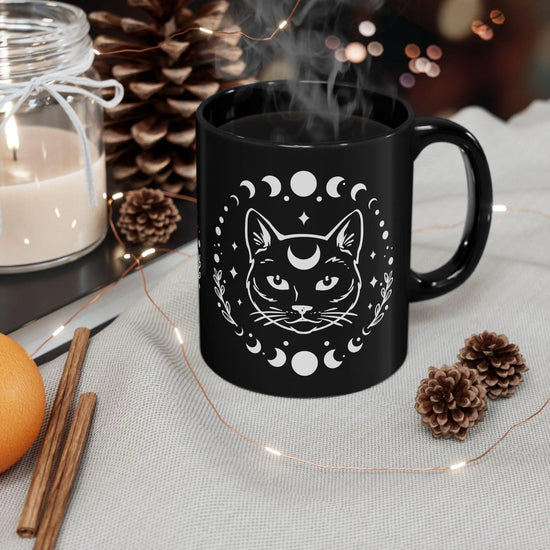 Black Mug (11oz, 15oz), Black Cat Moon Phase Mug, Astrology designed Coffee Mug , Multisize Moon tea cup, spellbound cat mug The Aurora Touch