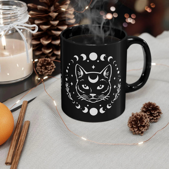 Black Mug (11oz, 15oz), Black Cat Moon Phase Mug, Astrology designed Coffee Mug , Multisize Moon tea cup, spellbound cat mug