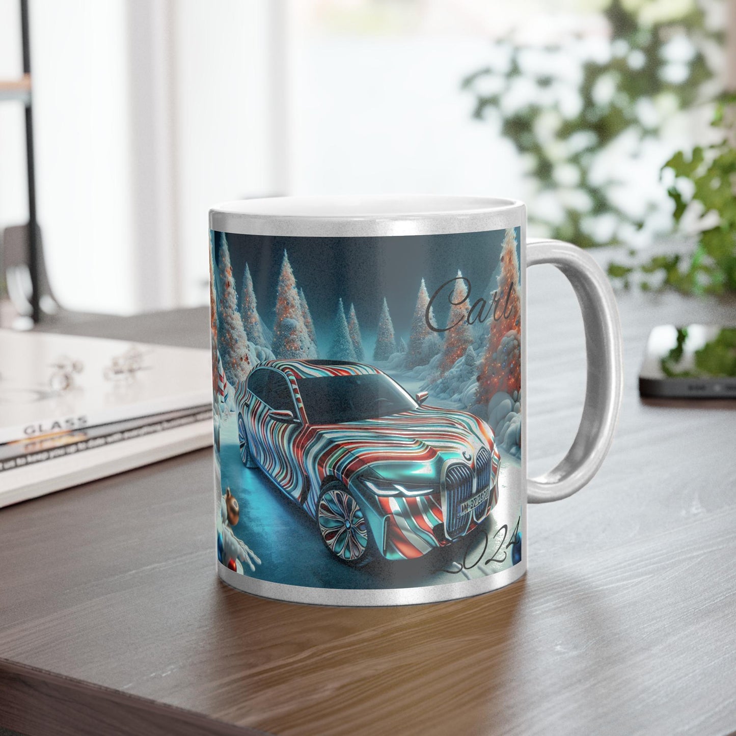Personalized Metallic Mug, Unique Car Design, Holiday Gift, Winter Decor, Customized Coffee Cup, Perfect for BMW and Car Enthusiasts