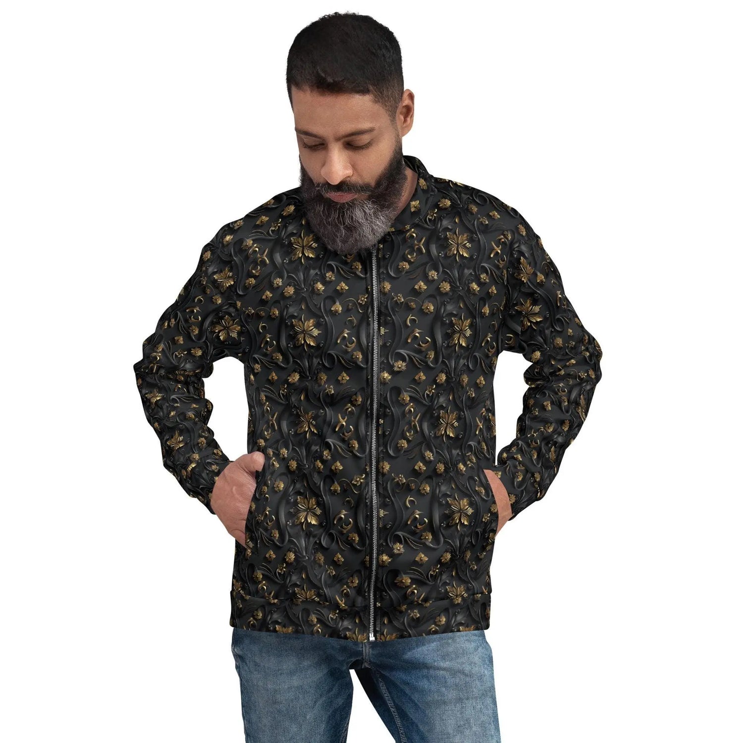 Exclusive 3D Black Gold Bomber Jacket for Men - Unique Design, Luxury Streetwear, Custom Fashion, Statement Outerwear The Aurora Touch